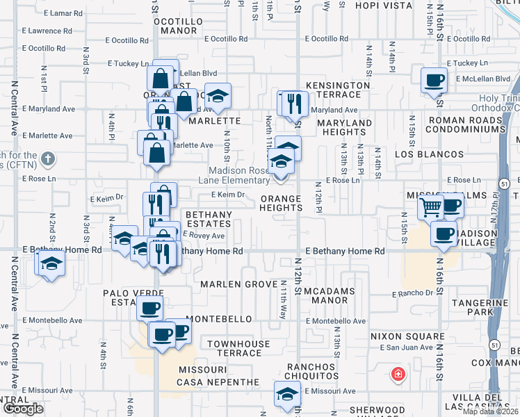 map of restaurants, bars, coffee shops, grocery stores, and more near 1030 East Keim Drive in Phoenix