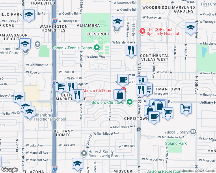 map of restaurants, bars, coffee shops, grocery stores, and more near 2101 West Berridge Lane in Phoenix