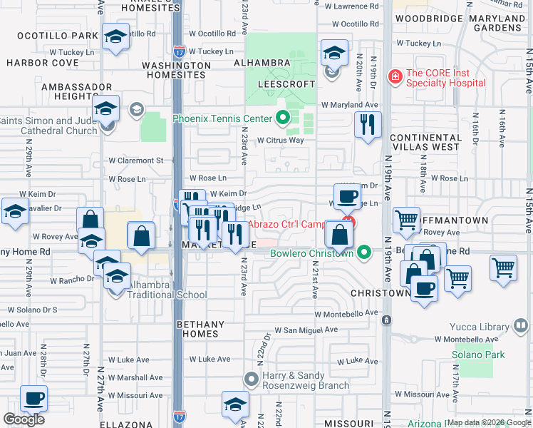 map of restaurants, bars, coffee shops, grocery stores, and more near 2220 West Berridge Lane in Phoenix