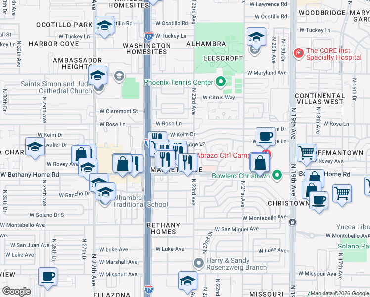 map of restaurants, bars, coffee shops, grocery stores, and more near 2302 West Berridge Lane in Phoenix