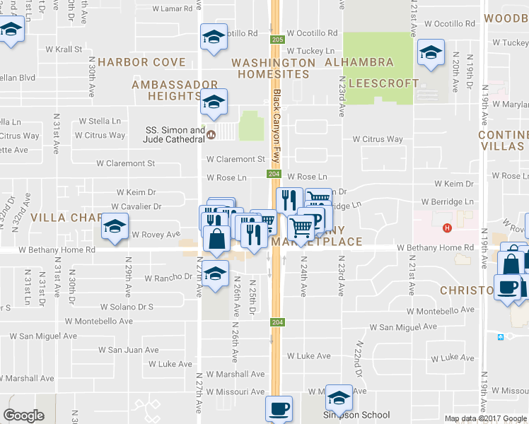map of restaurants, bars, coffee shops, grocery stores, and more near 2534 West Berridge Lane in Phoenix