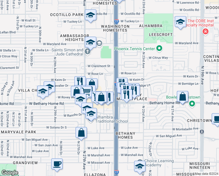 map of restaurants, bars, coffee shops, grocery stores, and more near 6070 North Black Canyon Highway in Phoenix