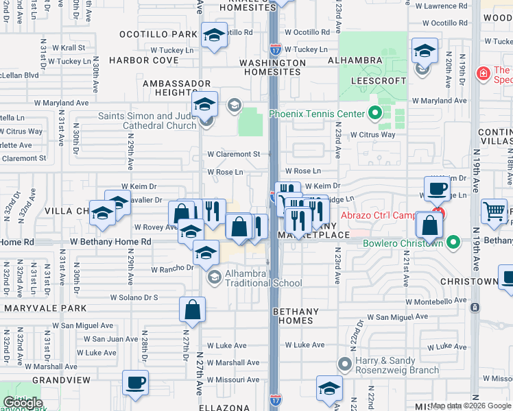 map of restaurants, bars, coffee shops, grocery stores, and more near 6070 North Black Canyon Highway in Phoenix