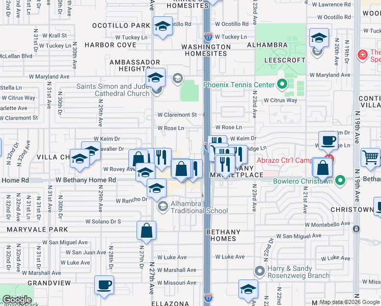 map of restaurants, bars, coffee shops, grocery stores, and more near 6070 North Black Canyon Highway in Phoenix