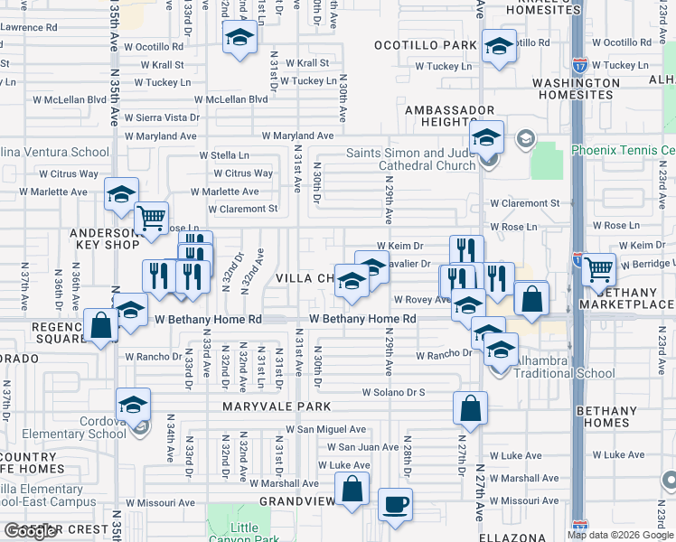 map of restaurants, bars, coffee shops, grocery stores, and more near 6130 North 30th Avenue in Phoenix
