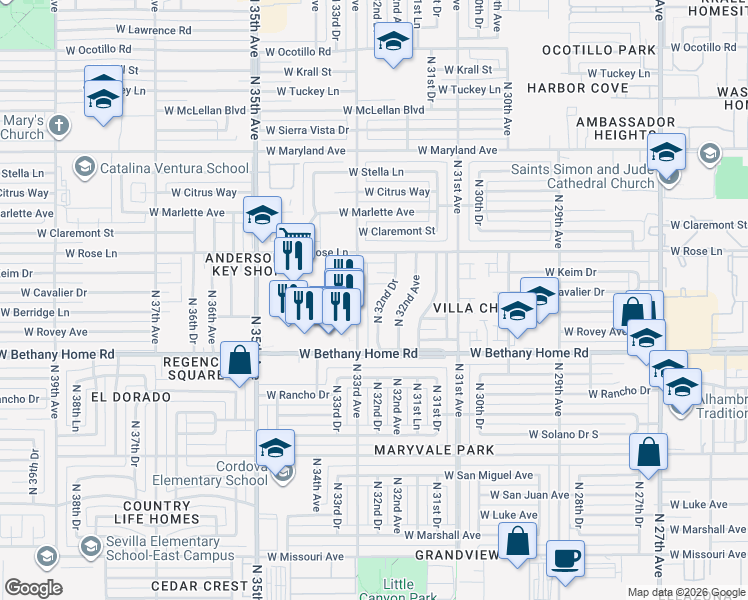 map of restaurants, bars, coffee shops, grocery stores, and more near 6115 North 33rd Avenue in Phoenix