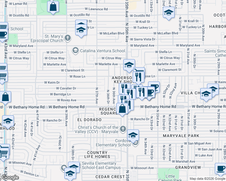map of restaurants, bars, coffee shops, grocery stores, and more near 6122 North 36th Drive in Phoenix