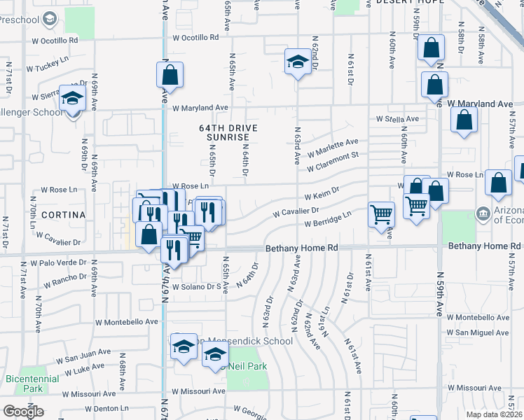 map of restaurants, bars, coffee shops, grocery stores, and more near 6342 West Keim Drive in Glendale
