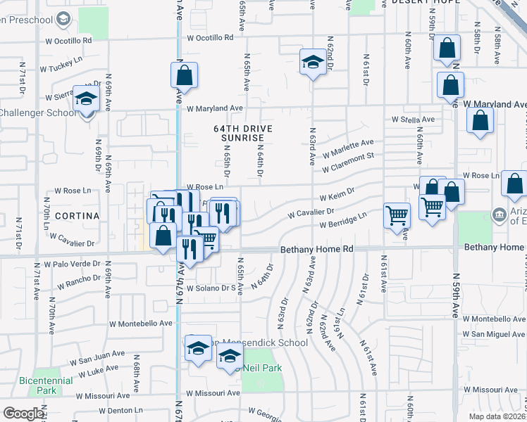 map of restaurants, bars, coffee shops, grocery stores, and more near 6129 North 64th Drive in Glendale