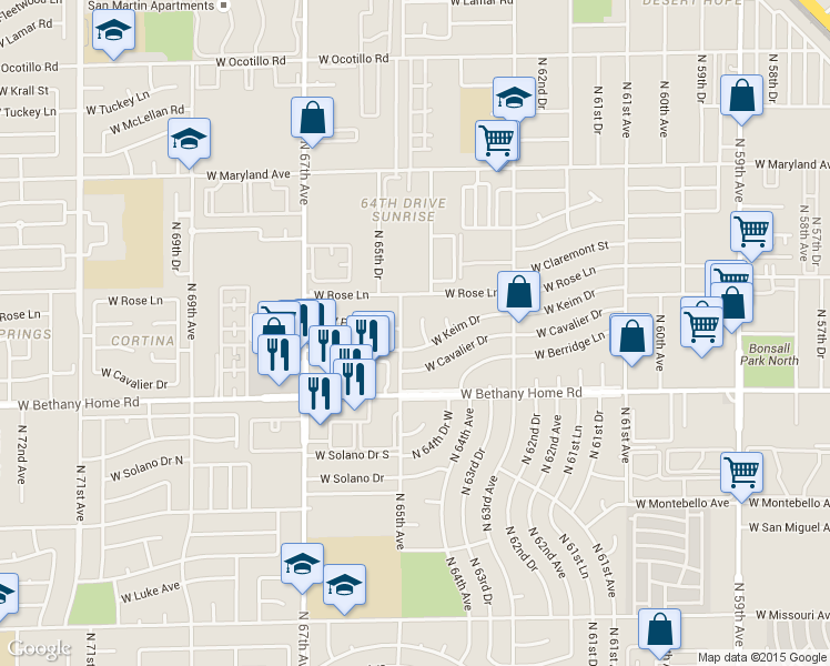 map of restaurants, bars, coffee shops, grocery stores, and more near 6129 North 64th Drive in Glendale