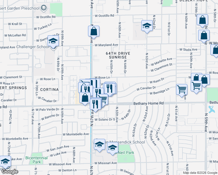 map of restaurants, bars, coffee shops, grocery stores, and more near 6506 West Peck Drive in Glendale