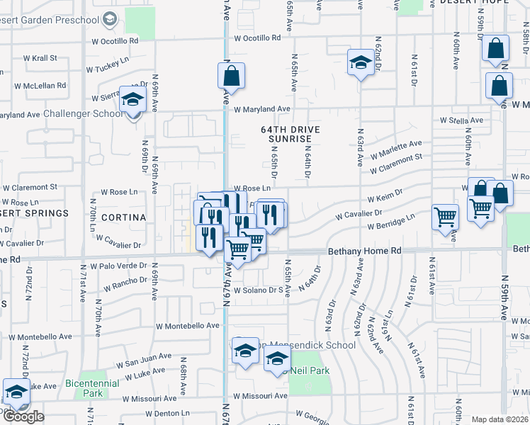 map of restaurants, bars, coffee shops, grocery stores, and more near 6602 West Peck Drive in Glendale