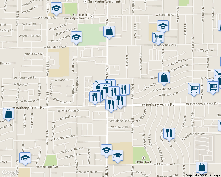 map of restaurants, bars, coffee shops, grocery stores, and more near 6632 West Peck Drive in Glendale