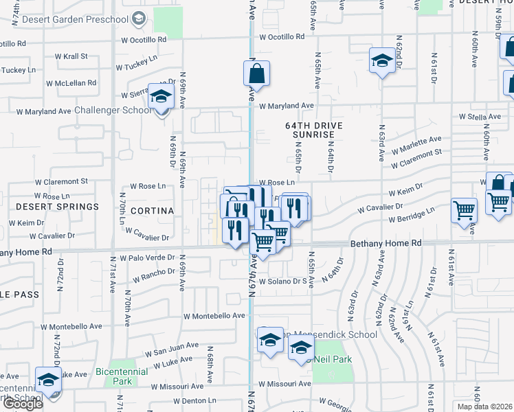 map of restaurants, bars, coffee shops, grocery stores, and more near 6632 West Peck Drive in Glendale