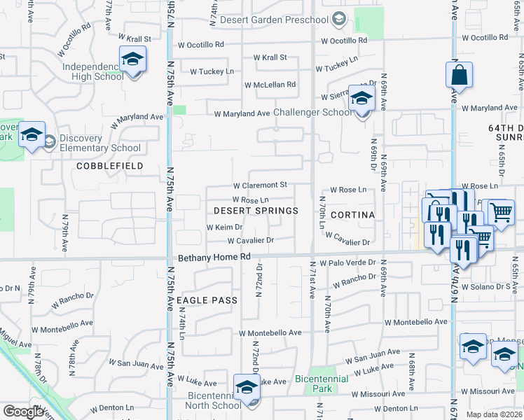 map of restaurants, bars, coffee shops, grocery stores, and more near 7228 West Rose Lane in Glendale