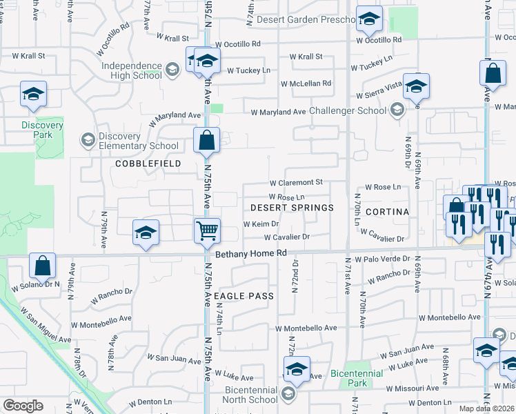 map of restaurants, bars, coffee shops, grocery stores, and more near 7350 West Rose Lane in Glendale