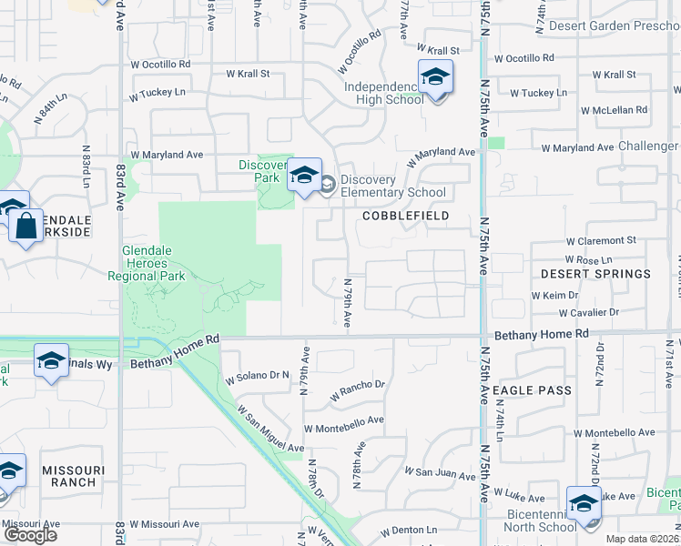 map of restaurants, bars, coffee shops, grocery stores, and more near 7904 West Rose Lane in Glendale