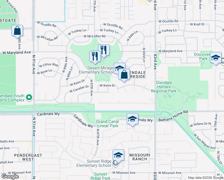 map of restaurants, bars, coffee shops, grocery stores, and more near 8566 West Keim Drive in Glendale