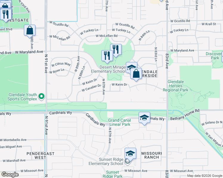 map of restaurants, bars, coffee shops, grocery stores, and more near 8620 West Keim Drive in Glendale