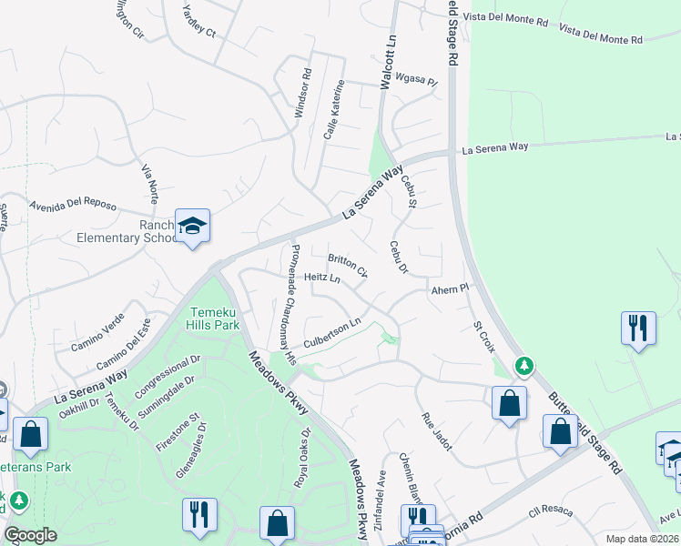 map of restaurants, bars, coffee shops, grocery stores, and more near 41041 Concannon Court in Temecula