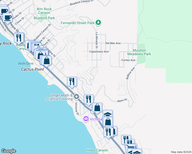 map of restaurants, bars, coffee shops, grocery stores, and more near 2575 Duarte Way in Laguna Beach