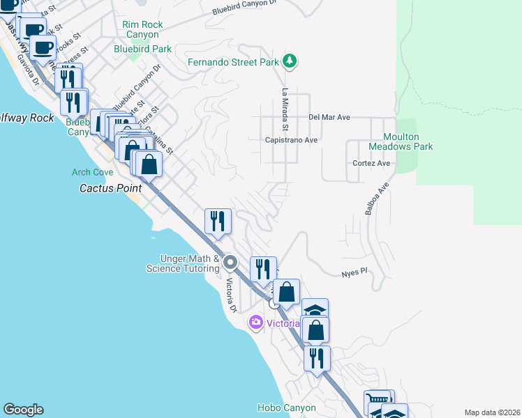 map of restaurants, bars, coffee shops, grocery stores, and more near 2590 Iris Way in Laguna Beach