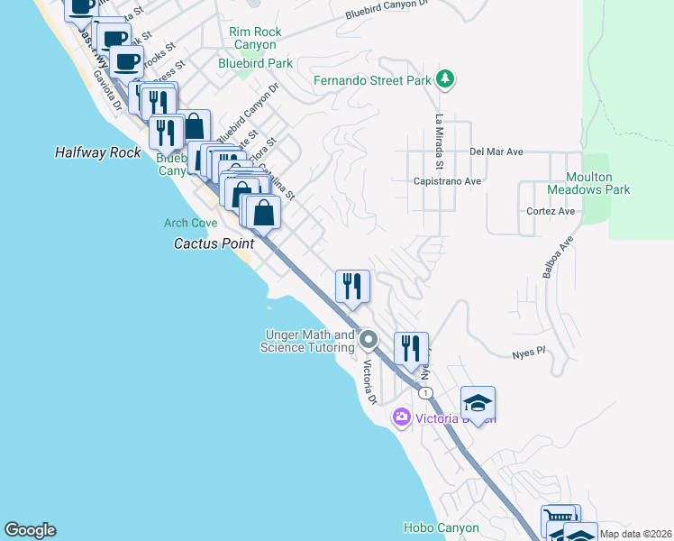 map of restaurants, bars, coffee shops, grocery stores, and more near 2260 Glenneyre Street in Laguna Beach