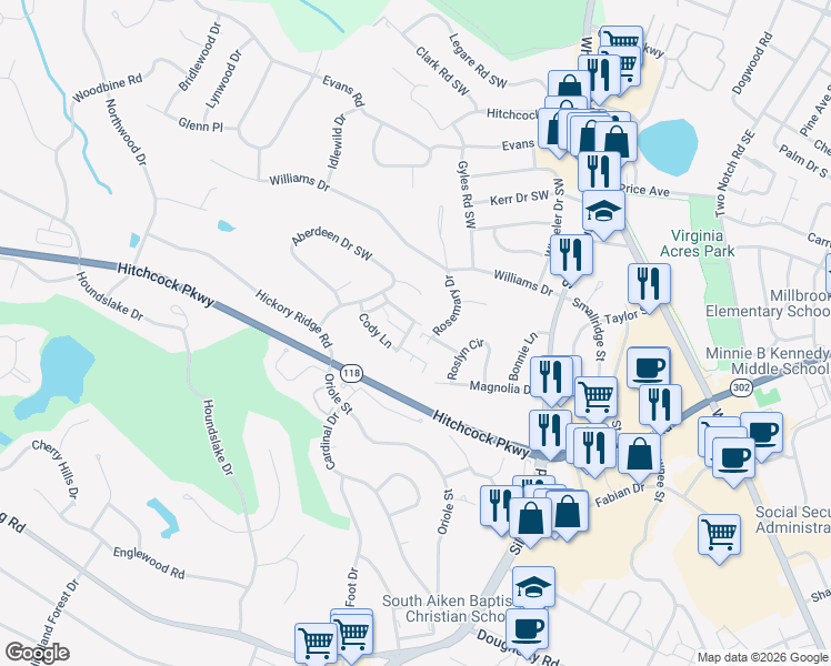 map of restaurants, bars, coffee shops, grocery stores, and more near 3 Rosemary Drive in Aiken