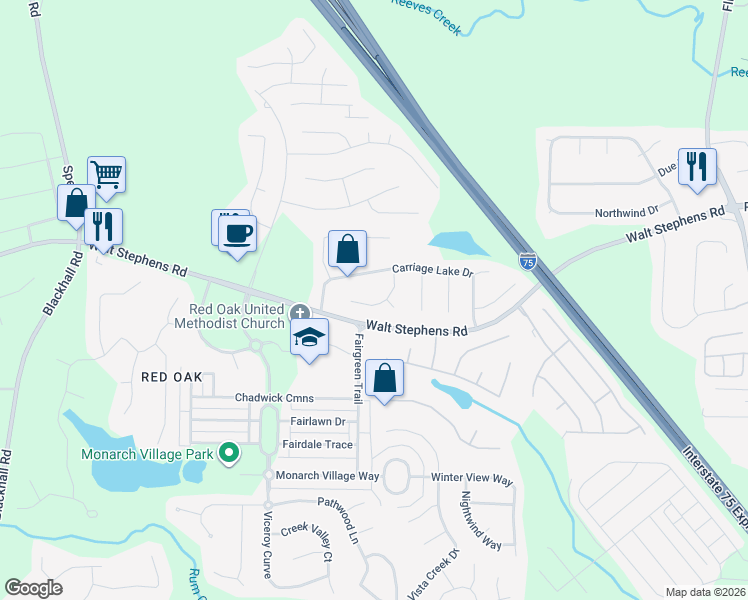 map of restaurants, bars, coffee shops, grocery stores, and more near 526 Surrey Lane in Stockbridge