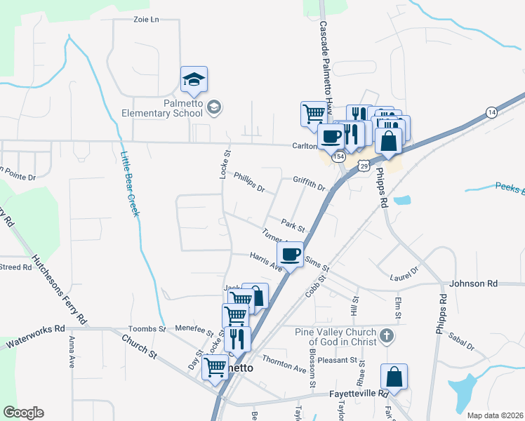map of restaurants, bars, coffee shops, grocery stores, and more near 525 Griffith Drive in Palmetto