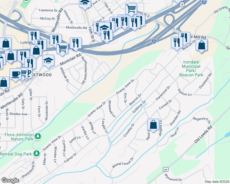 map of restaurants, bars, coffee shops, grocery stores, and more near 5140 Scenic View Drive in Irondale