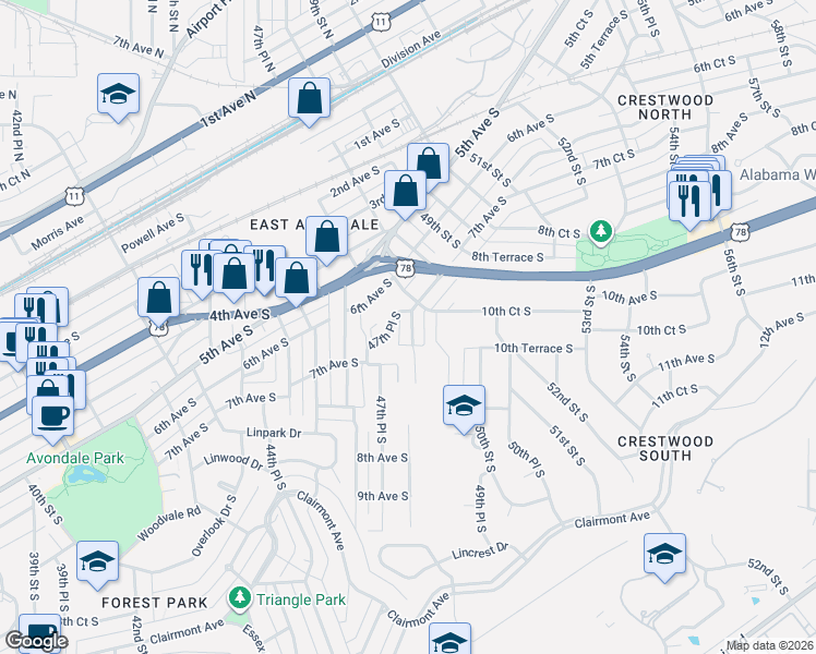 map of restaurants, bars, coffee shops, grocery stores, and more near 4701 6th Avenue South in Birmingham
