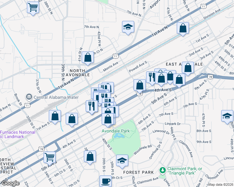 map of restaurants, bars, coffee shops, grocery stores, and more near 4237 1st Avenue South in Birmingham