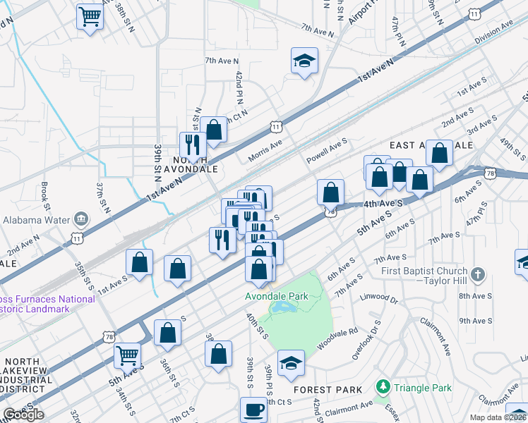 map of restaurants, bars, coffee shops, grocery stores, and more near 4205 1st Avenue South in Birmingham