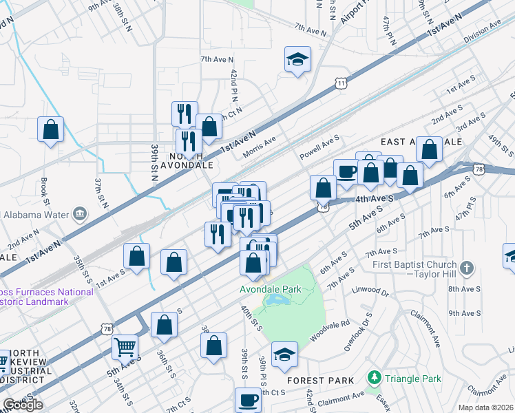 map of restaurants, bars, coffee shops, grocery stores, and more near 4205 1st Avenue South in Birmingham