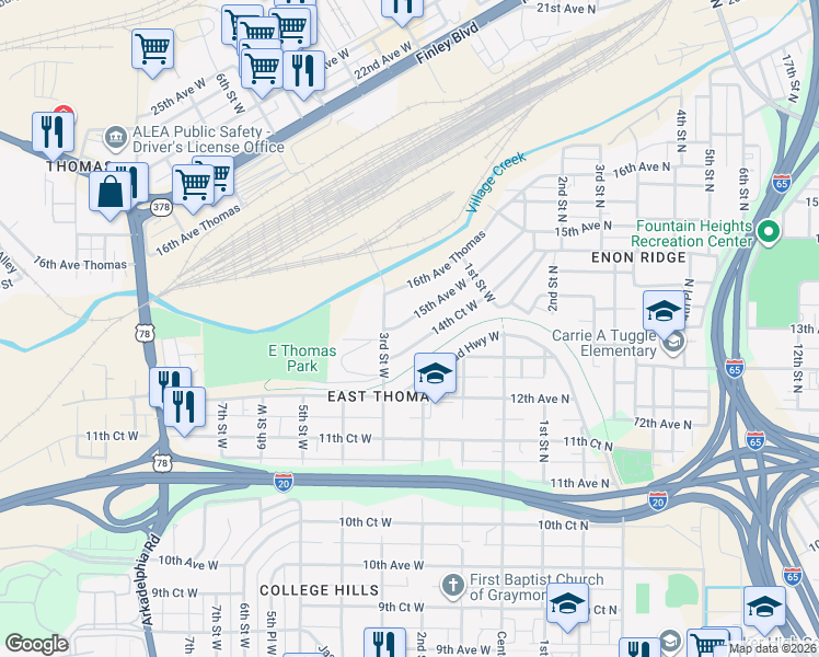 map of restaurants, bars, coffee shops, grocery stores, and more near 204 15th Avenue West in Birmingham