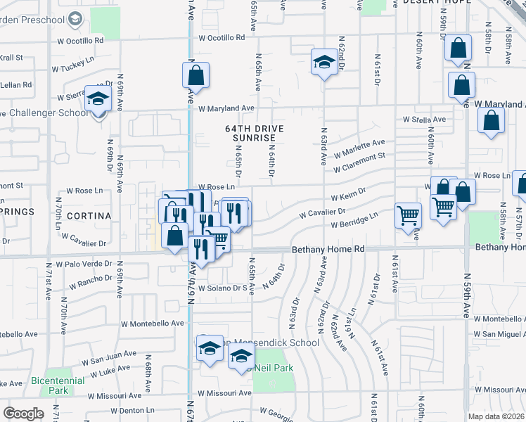 map of restaurants, bars, coffee shops, grocery stores, and more near 6112 North 64th Drive in Glendale