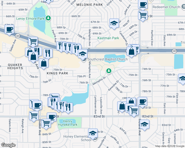 map of restaurants, bars, coffee shops, grocery stores, and more near 7400-7498 Memphis Avenue in Lubbock