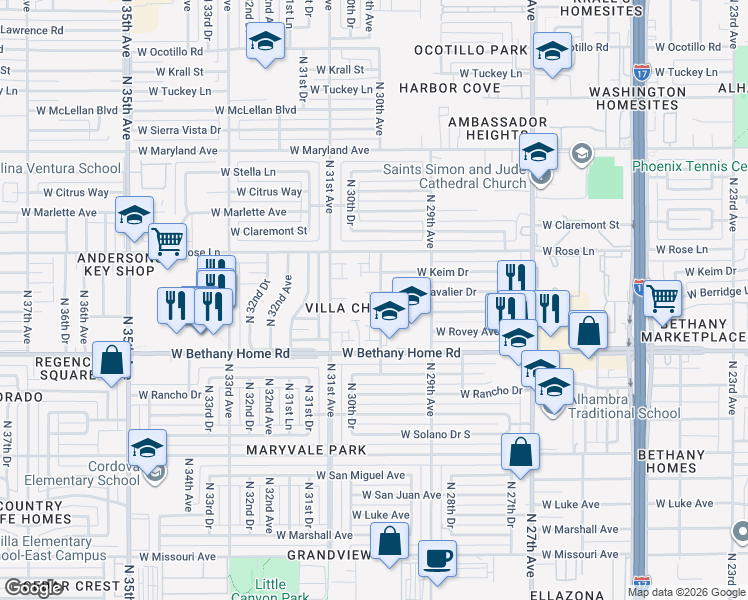 map of restaurants, bars, coffee shops, grocery stores, and more near 6130 North 30th Avenue in Phoenix