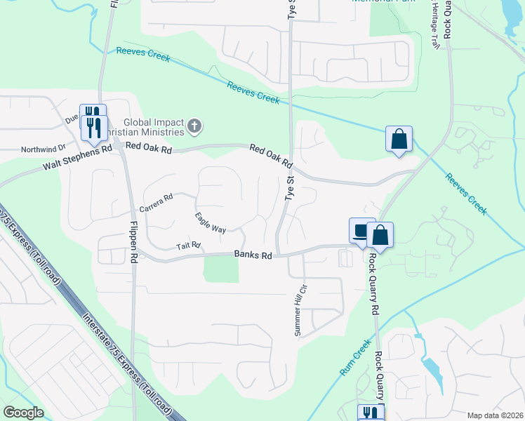 map of restaurants, bars, coffee shops, grocery stores, and more near 300 Eagle Way in Stockbridge