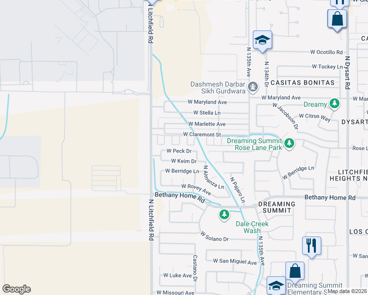 map of restaurants, bars, coffee shops, grocery stores, and more near 13808 West Peck Drive in Litchfield Park