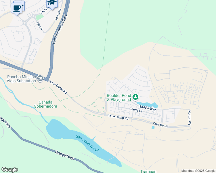 map of restaurants, bars, coffee shops, grocery stores, and more near 653 Longhorn Way in Mission Viejo