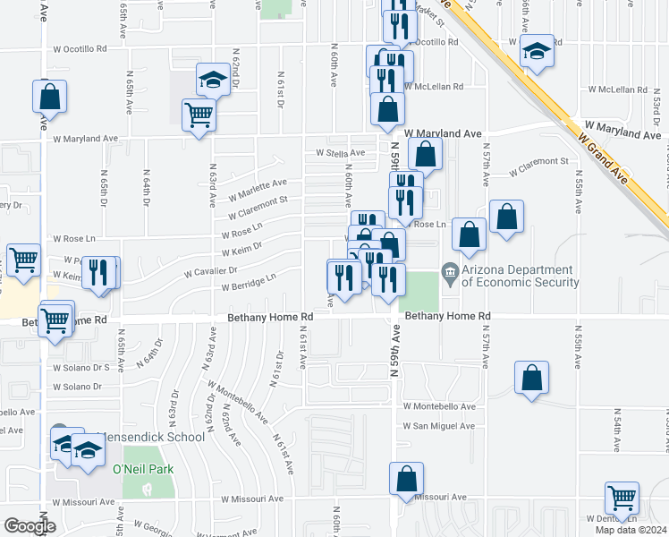 map of restaurants, bars, coffee shops, grocery stores, and more near 5957 West Keim Drive in Glendale