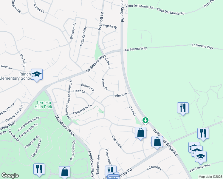 map of restaurants, bars, coffee shops, grocery stores, and more near 40932 Cebu Drive in Temecula