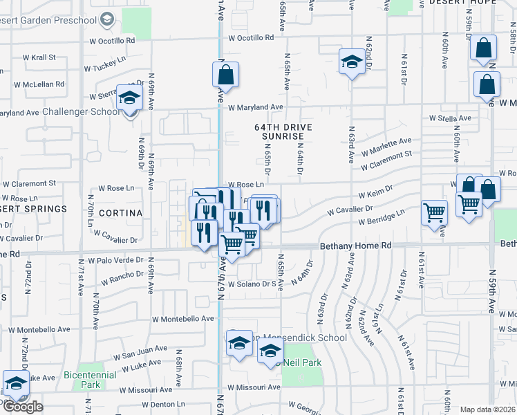 map of restaurants, bars, coffee shops, grocery stores, and more near 6602 West Peck Drive in Glendale