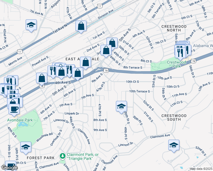 map of restaurants, bars, coffee shops, grocery stores, and more near 4701 6th Avenue South in Birmingham