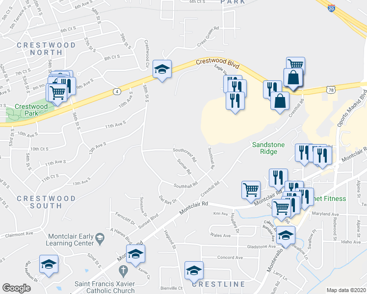 map of restaurants, bars, coffee shops, grocery stores, and more near 5908 Southcrest Road in Birmingham