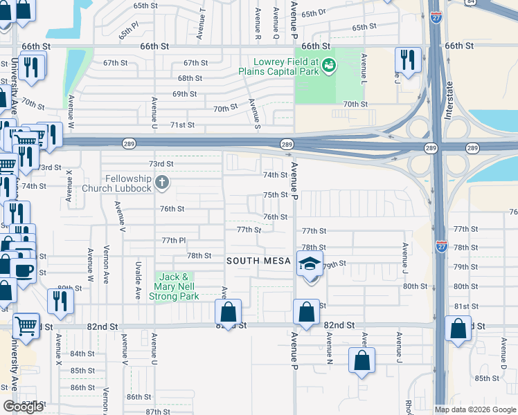 map of restaurants, bars, coffee shops, grocery stores, and more near 1801 75th Street in Lubbock