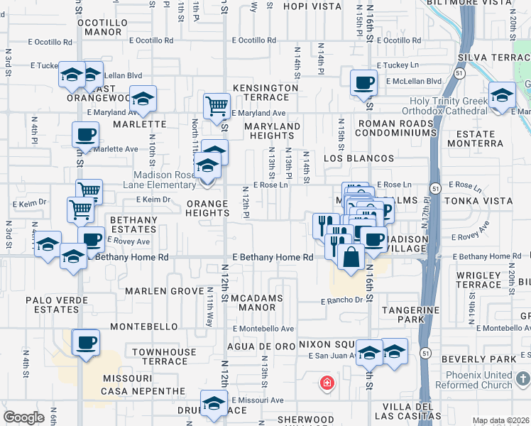 map of restaurants, bars, coffee shops, grocery stores, and more near 6121 North 12th Place in Phoenix