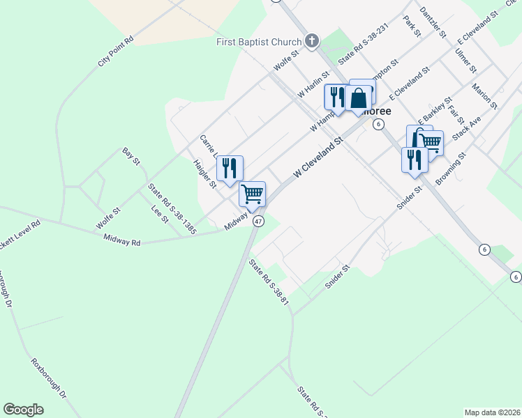 map of restaurants, bars, coffee shops, grocery stores, and more near 2918 Cleveland Street in Elloree